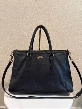 Coach Navy Blue Leather Tote Bag with Shoulder Strap